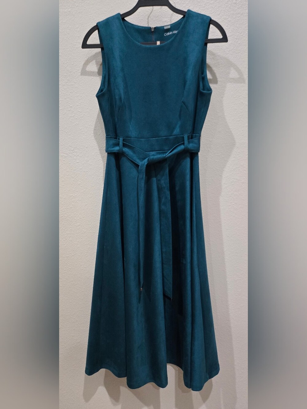 Calvin Klein Teal Sleeveless A-Line Dress with Self-Tie Belt
